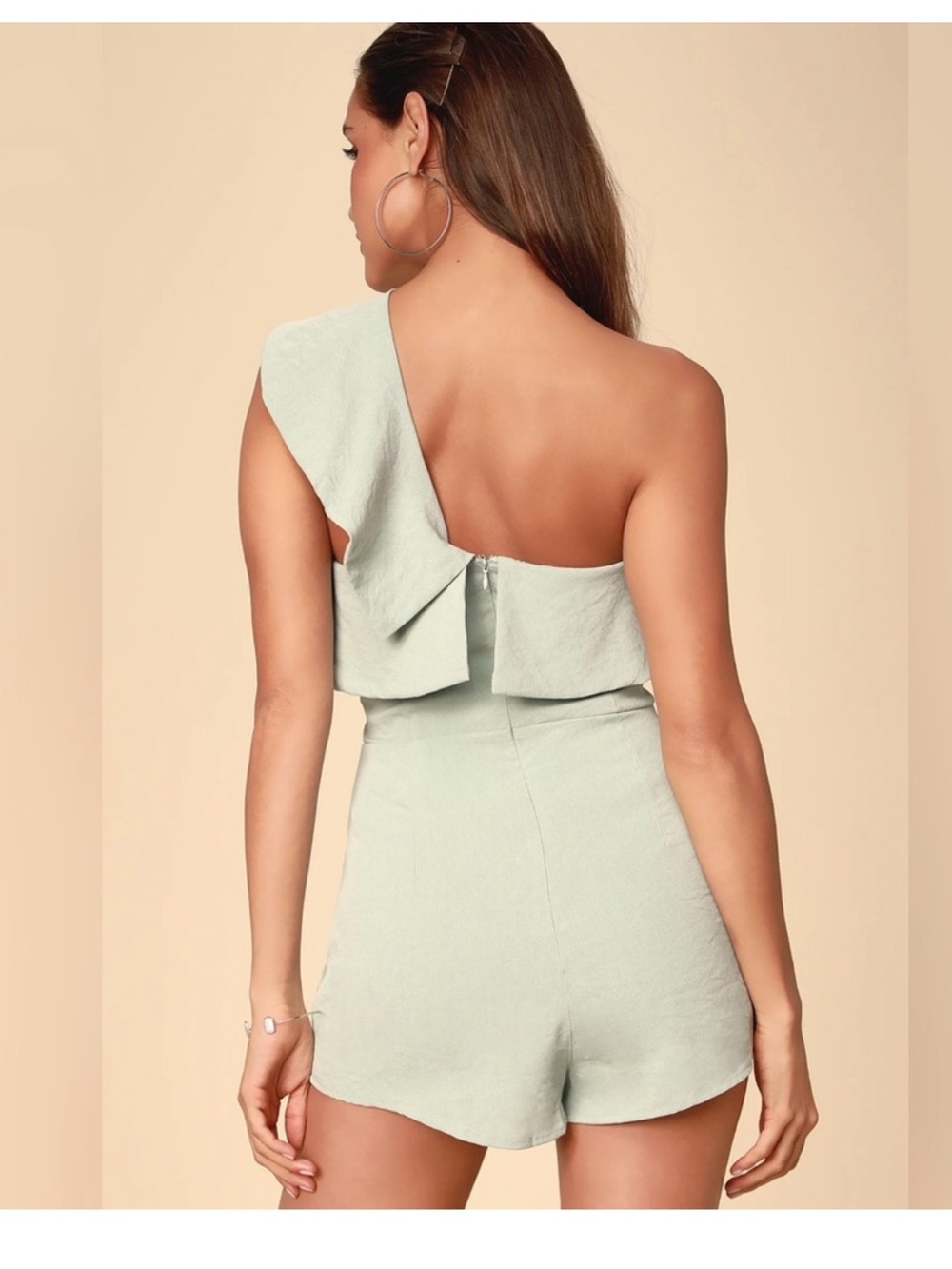 Lulu's One-Shoulder Ruffle Mint Romper - Picture 2 of 3